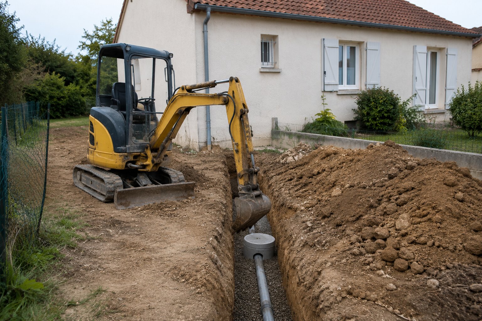 Mini-pelle ouvrant une tranchée près d’une maison française
